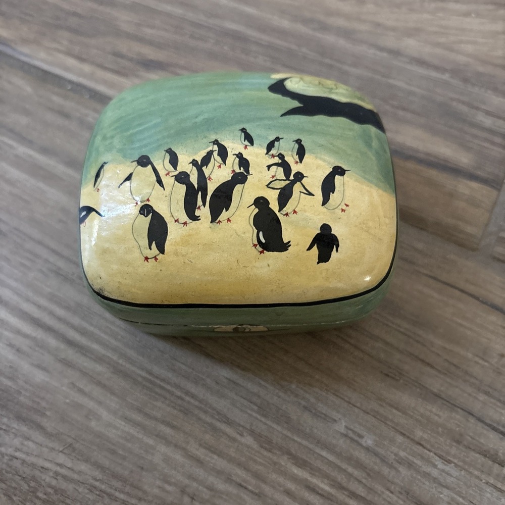 Vintage Paper Mache Trinket Box Blue White Penguins